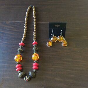 Amber Stone Silver Dangle Earrings & Necklace Set  Statement Boho Western